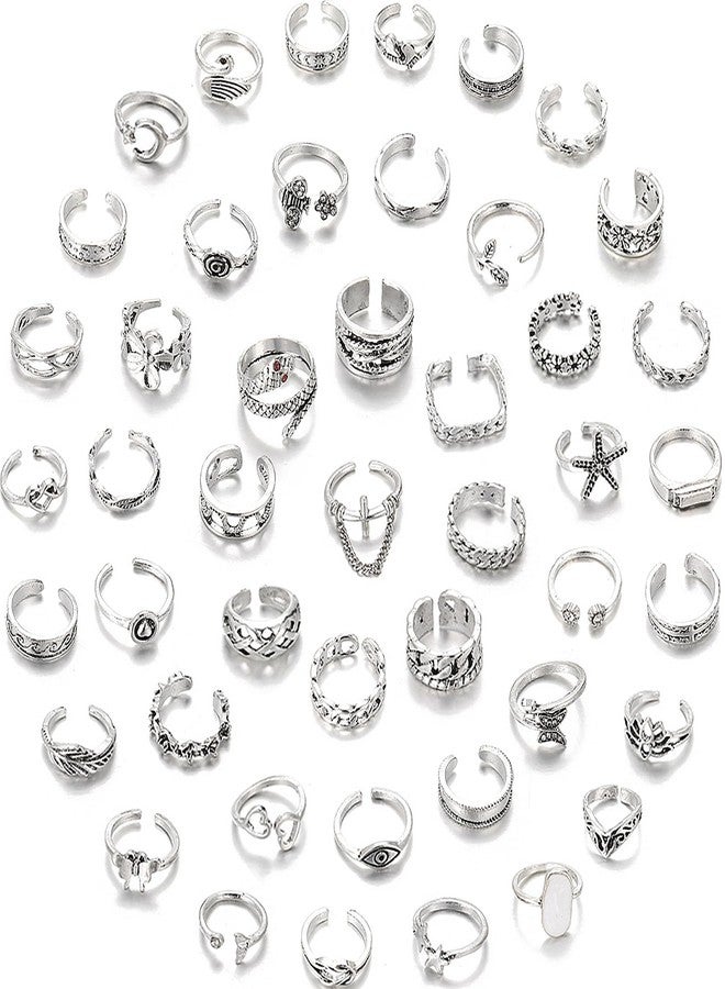 Acruccen 46 Pcs Open Toe Rings Set for Women Adjustable Finger Tail Ring Summer Beach Foot Jewelry Silver-tone - Image 1